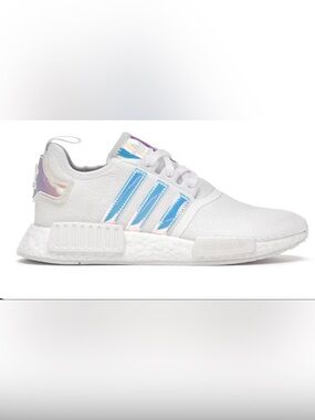 Preowned NMD R1 Adidas Women's White Sneakers with Iridescent Stripes size 8.5
